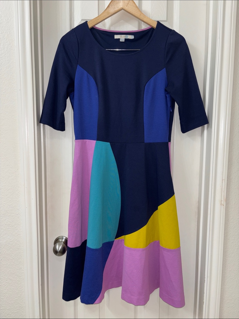 Boden Colorblock Fit-and-Flare Midi Dress in Navy, Pink, Yellow and Teal size 8R - Picture 3 of 6